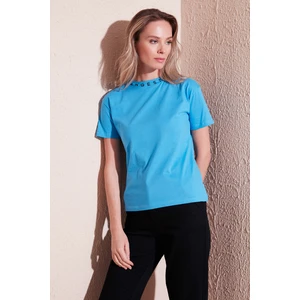 Yakası Baskılı Bisiklet Yaka Basic Örme T Shirt Bayan T Shirt 5864054