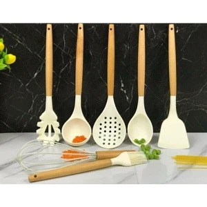 7 Parça Bambu Saplı Silikon Kepçe Spatula Mutfak Seti Beyaz