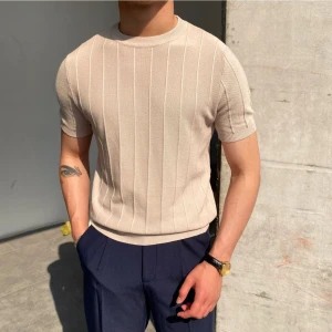 Tarz Cool Erkek Polo Yaka Çizgili Triko T-Shirt