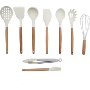 9 Parça Bambu Saplı Silikon Kepçe Spatula Mutfak Seti Kremrengi