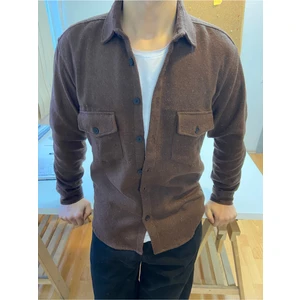 Tarz Cool Erkek Slim Fit Düğmeli Yaka Çift Cepli Düz Oduncu Gömlek