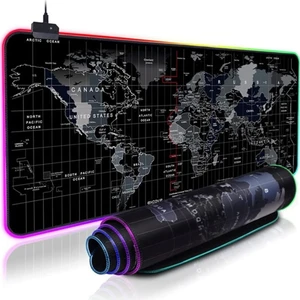 Mouse Pad Dünya Haritası Desenli LED Işıklı Rgb Oyuncu Pc Laptop Uyumlu Kaymaz Kauçuk Ledli Gaming Ganer Mousepad Büyük Boy Büyük Boy 80X30 cm Siyah