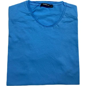 Tarz Cool Erkek Gök Mavisi Oval Etek Geniş Yaka %100 Pamuk Kısa Kollu Tişört