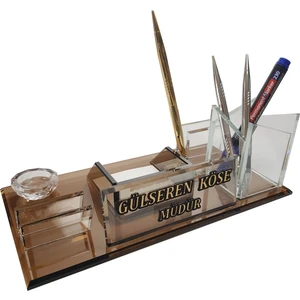 Isimlik - Kristal Masaüstü Kalemli - Ofis Büro Makam Hediyesi M530 Gold Masa Isimliği