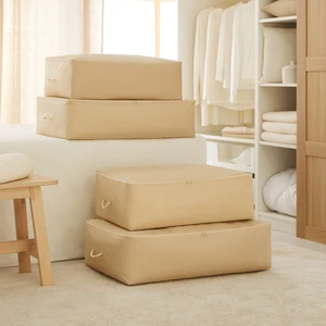 Ocean Home Textile 4'lü Bej Balıksırtı Baza Altı Yastık Yorgan Kazak Hurcu, Hurç