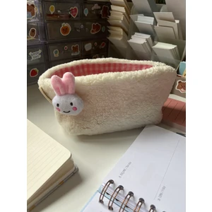 Sumicorn Design Pembe Tavşan Peluş Yıkanabilir Fermuarlı Pötikare Astarlı Bez Kalemlik Kalem Kutusu Makyaj Çantası