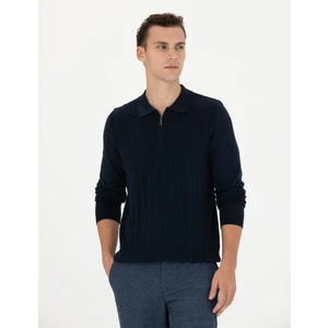 Pierre Cardin Erkek Lacivert Slim Fit Fermuarlı Polo Yaka Triko Kazak 50278088-VR033