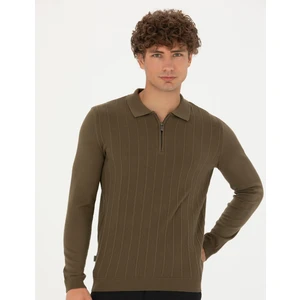 Pierre Cardin Erkek Koyu Haki Slim Fit Fermuarlı Polo Yaka Triko Kazak 50278088-VR111