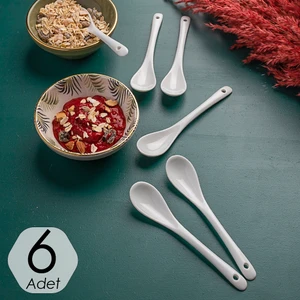 7997-1 6'lı Beyaz Porselen Baharat Kaşığı - Kahvaltılık Bal Reçel Şeker Servis Kaşığı 13 cm