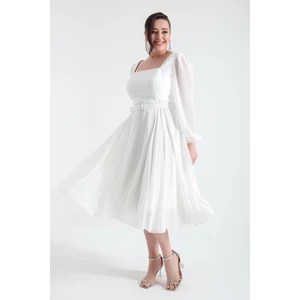 Kadın Ekru Kare Yaka Kemerli Midi Şifon Büyük Beden Abiye Elbise