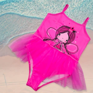 Lolli Boom Kids  Kız Çocuk Balerin Melek Örgülü Şirin Prenses Baskı Detaylı Şeker Pembe Renk Tül Tütülü Mayo