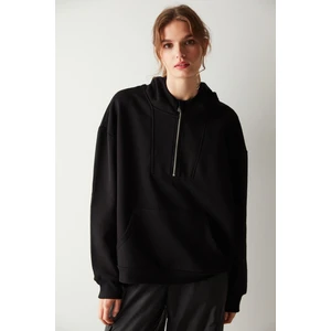 Yarı Fermuarlı Oversize Siyah Sweatshirt