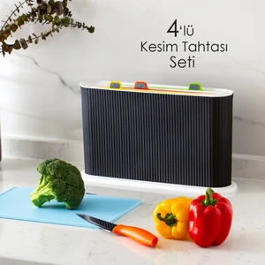 1074 Standlı Çoklu Kesme Doğrama Tahtası - 5 Parça Plastik Et Balık Sebze Kesme Tahtası Seti - Siyah Beyaz