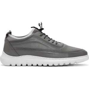 Erkek Gri Bağcıklı Deri Casual Sneaker