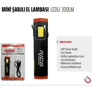 Rico Mini Şarjlı Mıknatıslı LED Lamba Tamirci Kampçı Lambası 300 Lümen