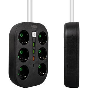 VE-22399 6'lı 1.5 Metre Kablolu 3 Usb'li Siyah Grup Priz