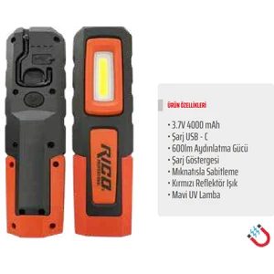 Rico Yeni Nesil Şarjlı Mıknatıslı LED Lamba 600 Lümen Tamirci Kapmçı Lambası