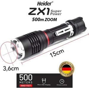 Zx1 (Yeni) 500M Mesafe 10 Watt Super Power Zoom El Feneri - Şarjlı - Heider XR-18650 Pro Pil Dahil - Ce ve Rohs Belgeli