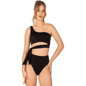 Kadın Yüksek Bel Yan Bağlama Detaylı Siyah Bikini Takımı