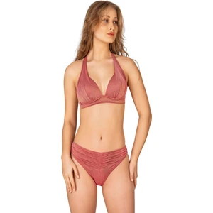 Kadın Ön Büzgü Detaylı Yarım Dolgulu Simli Pembe Bikini Takımı