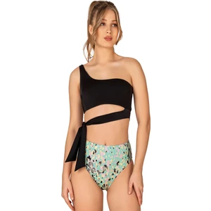 Kadın Yüksek Bel Yan Bağlama Detaylı Yeşil Desenli Bikini Takımı