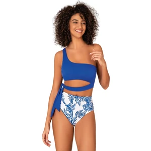 Kadın Yüksek Bel Yan Bağlama Detaylı Mavi Desenli Bikini Takımı