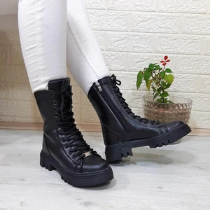 Siyah Cilt Fermuarlı Bağacaklı Bayan Postal Bot