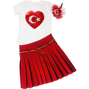 Türk Bayrağı Payetli Pileli Kırmızı Kız Çocuk Tütü Takım -23 Nisan Tören Kıyafeti