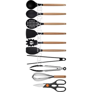 Kitchen Design Lab Siyah Bambu Silikon - Kepçe, Kaşık, Kevgir, Makarna, 2 Spatula, Silikon Metal Maşa, Makas, Çırpıcı