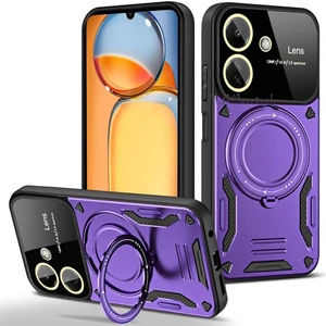 M.tk moveteck Xiaomi Redmi 13C Kılıf Kamera ve Lens Mercekleri Kaplama Korumalı Metal Dönen Manyetik Halka Standlı Zırh Tank