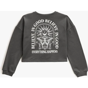 Crop Sweatshirt Baskılı Bisiklet Yaka