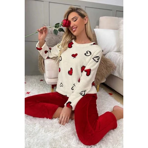 Merry See Kalp Baskılı Peluş Polar Alt Üst Uzun Kollu Pijama Takımı