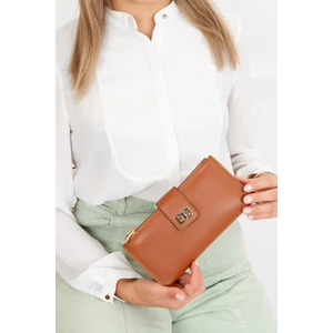 Kadın Kahverengi Yumuşak Soft Doku El Askılı Kilitli Telefon Kağıt Para Bölmeli Kartlık ve Cüzdan tul134