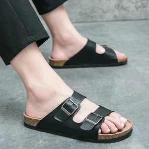 Unisex Siyah Çift Tokalı Mantar Taban Terlik