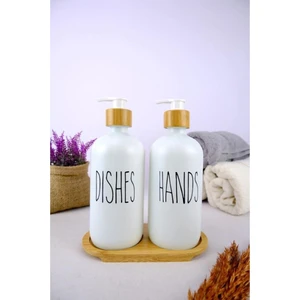2’li Ahşap Standlı Cam Sıvı Sabun ve Bulaşık Deterjanı Şişesi Sabunluk Beyaz 500 ml - G/13 C1-1-289
