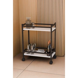 Furnature Design Servis Sunum Arabası Beyaz Ev Tipi Iki Katlı Şişe Bölmeli Servant Bar Cart