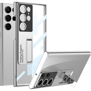 Samsung Galaxy Uyumlu S24 Ultra Kılıf Kamera Korumalı Şeffaf Tasarımlı Zore Standlı Kapak-Gümüş