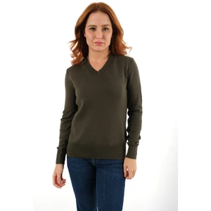 Trist Star Kadın Haki %100 Organik Pamuk V Yaka Triko Kazak Bluz TRIST-6102