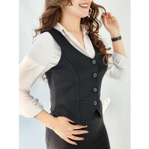 Siyah Düğmeli Sahte Cepli Dokuma Kumaş Yelek