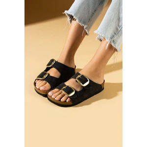 Pembe Potin Rahat Taban Çift Gold Tokalı Kadın Terlik 65-81-24