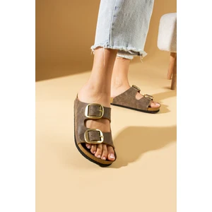 Pembe Potin Rahat Taban Çift Gold Tokalı Kadın Terlik 65-81-24