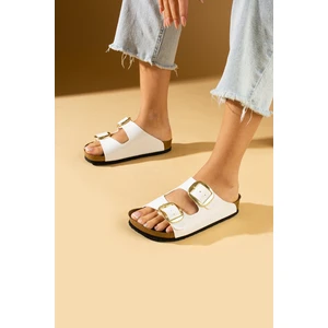 Pembe Potin Rahat Taban Çift Gold Tokalı Kadın Terlik 65-81-24