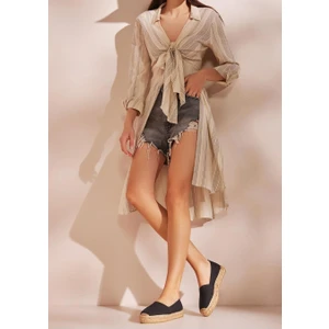 Su Espadril Siyah Kadın Düz Espadril Doğal Keten