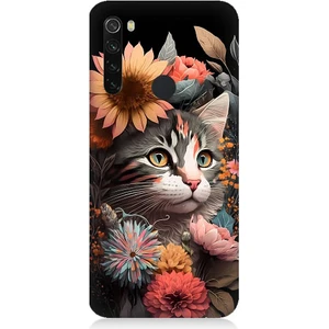 Xiaomi Redmi Note 8 Uyumlu Çiçekler ve Kül Gri Kedi Desenli Silikon Kılıf
