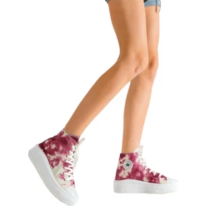 Unisex Yüksek Taban Boğazlı Convers Model Keten Sneaker Spor Ayakkabı Bot Bej - Pembe
