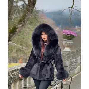 Nero Leather Fur Siyah Alkantara Kumaş Kapüşon ve Manşetler Siyah Tilki - K2005