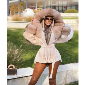 Nero Leather Fur Bej Alkantara Kumaş Kapüşon ve Manşetler Dispers Renk Tilki Kürkü - K2005