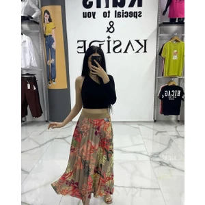 Purti Butik Piliseli Bej Renkli Digital Baskılı Etek