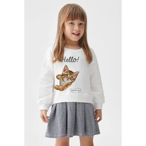 Ekose Kare Etekli Tarz Organik Hello Cat Baskılı Sweat Etek Takım
