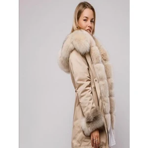 Nero Leather Fur Kadın Parka Su Geçirmez Kumaş (Bej Kumaş - Bej Tüy)